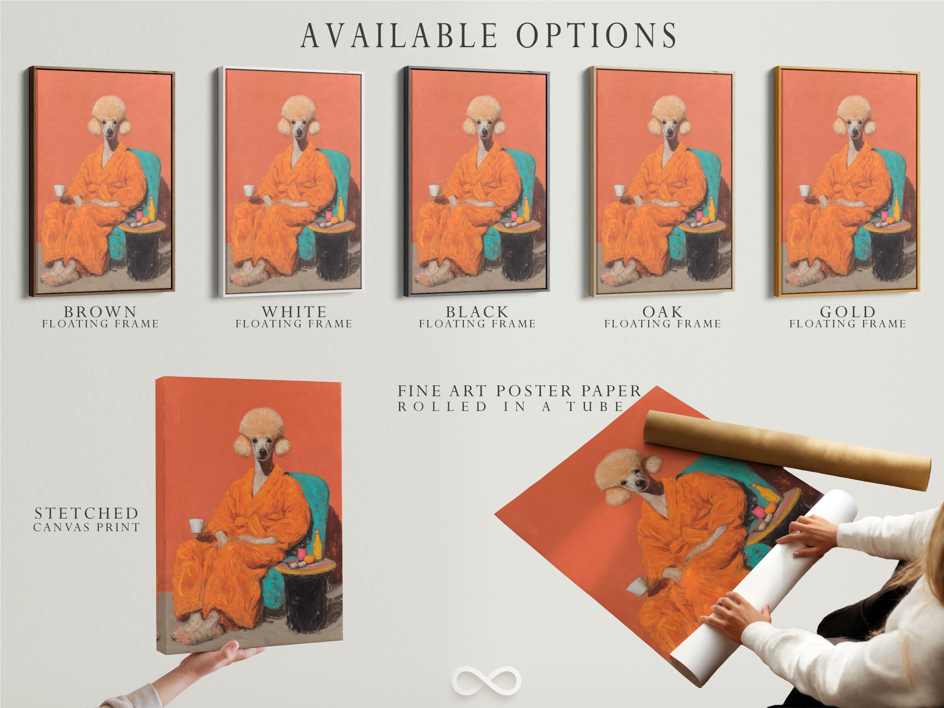These are the available options for the Poodle Portrait Canvas Print. Choose from a stretched canvas print a fine art poster paper print or a floating frame. This quirky animal wall art features surreal pet art.