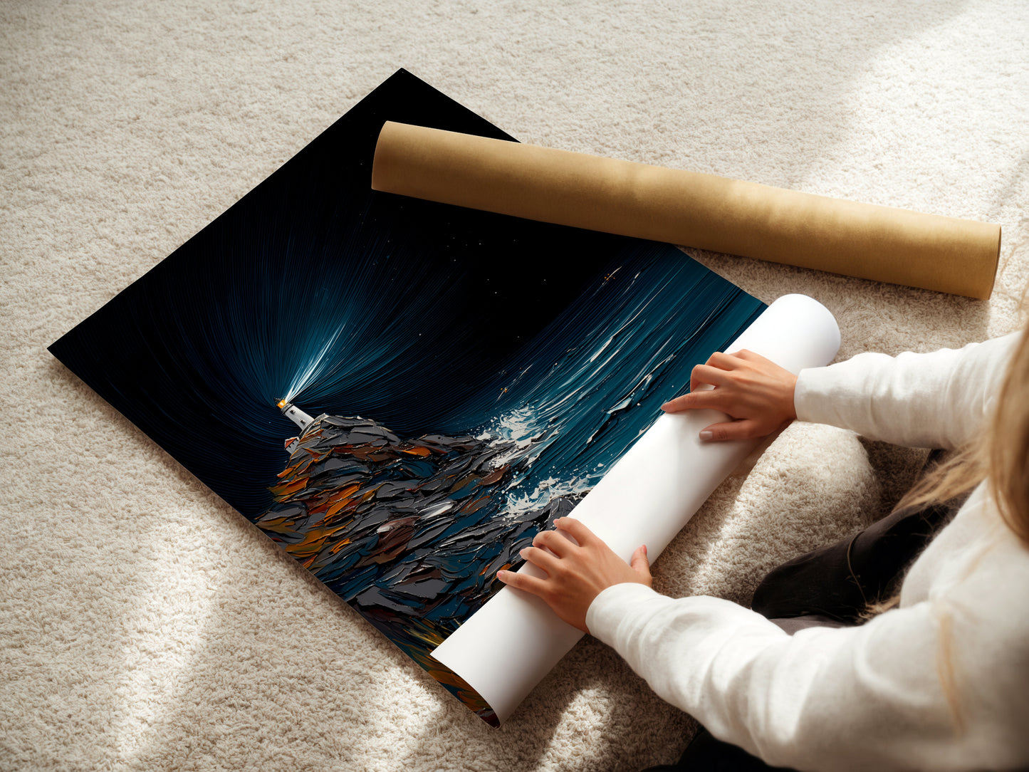 A woman carefully rolling a fine art poster paper print. The lighthouse artwork is printed on high-quality fine art paper. Perfect for those who appreciate detailed nautical prints. Ready to be framed and displayed.