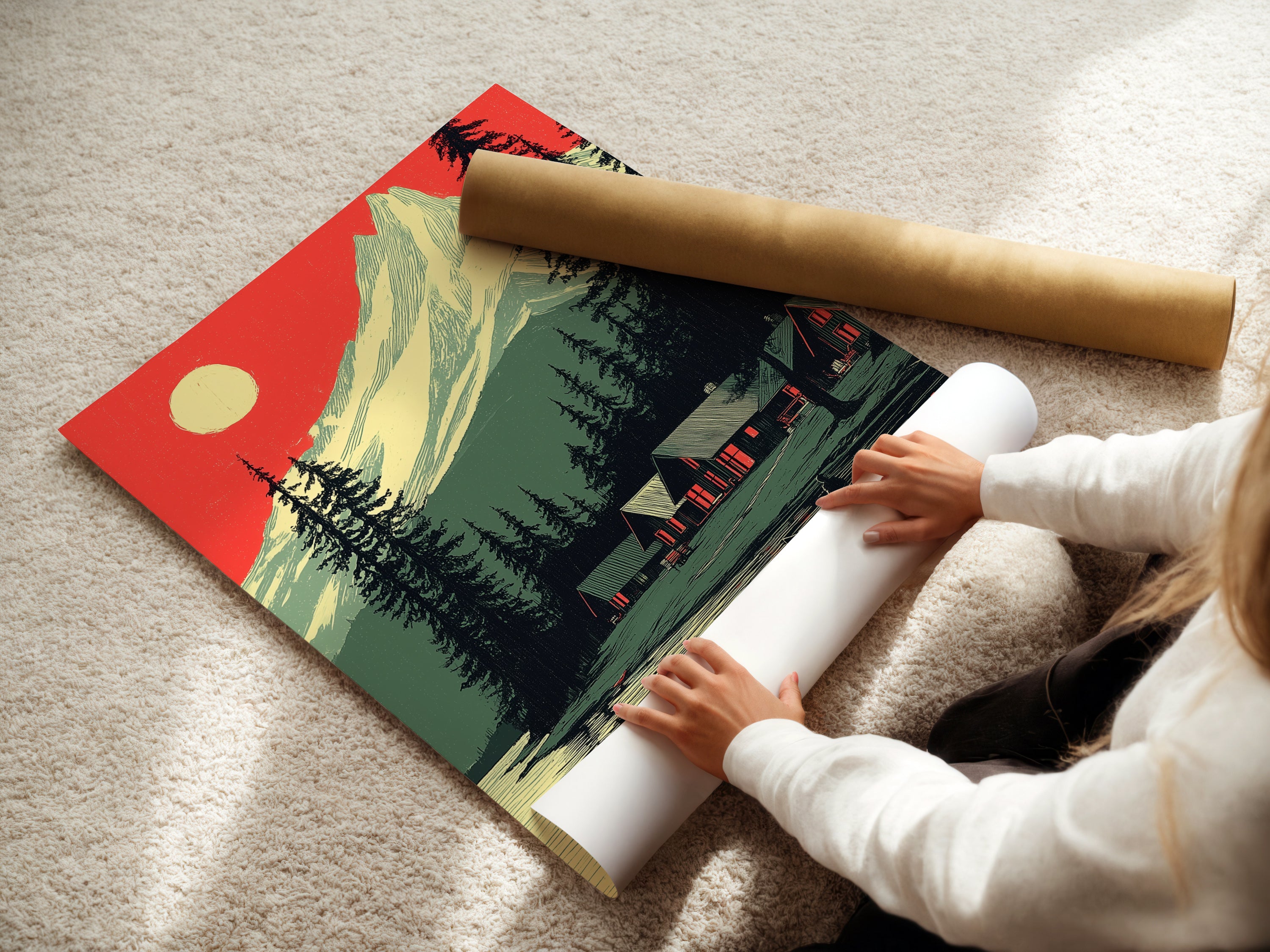 A woman is carefully rolling a fine art poster paper. The paper features a mountain lake artwork. The rustic nature artwork captures a serene cabin scene. This fine art poster paper ensures high-quality prints. Perfect for creating stunning wall decor. Explore the possibilities.