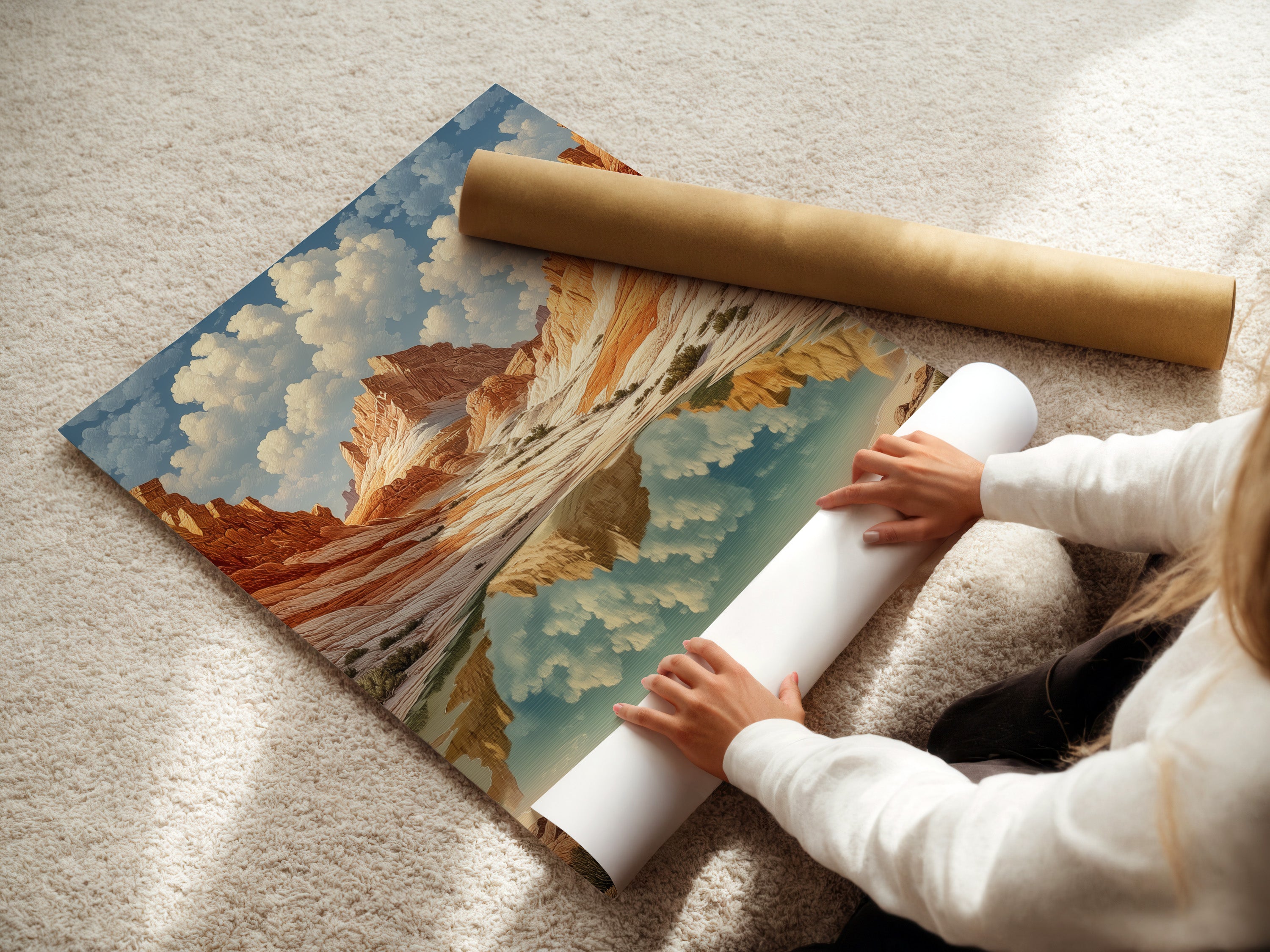 A woman is carefully unrolling a fine art poster paper. Preparing it for framing or display. The high-quality paper ensures the artwork will look its best. Ideal for showcasing desert canyon art and southwest landscape prints. Perfect for homeowners renters and interior stylists.