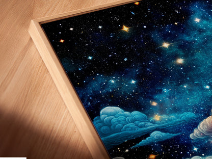 A close-up of the Starry Night canvas print in a floating frame. The celestial sky and lake landscape create a dreamy scene. This modern artwork adds a touch of elegance to any room. It's perfect for contemporary wall decor