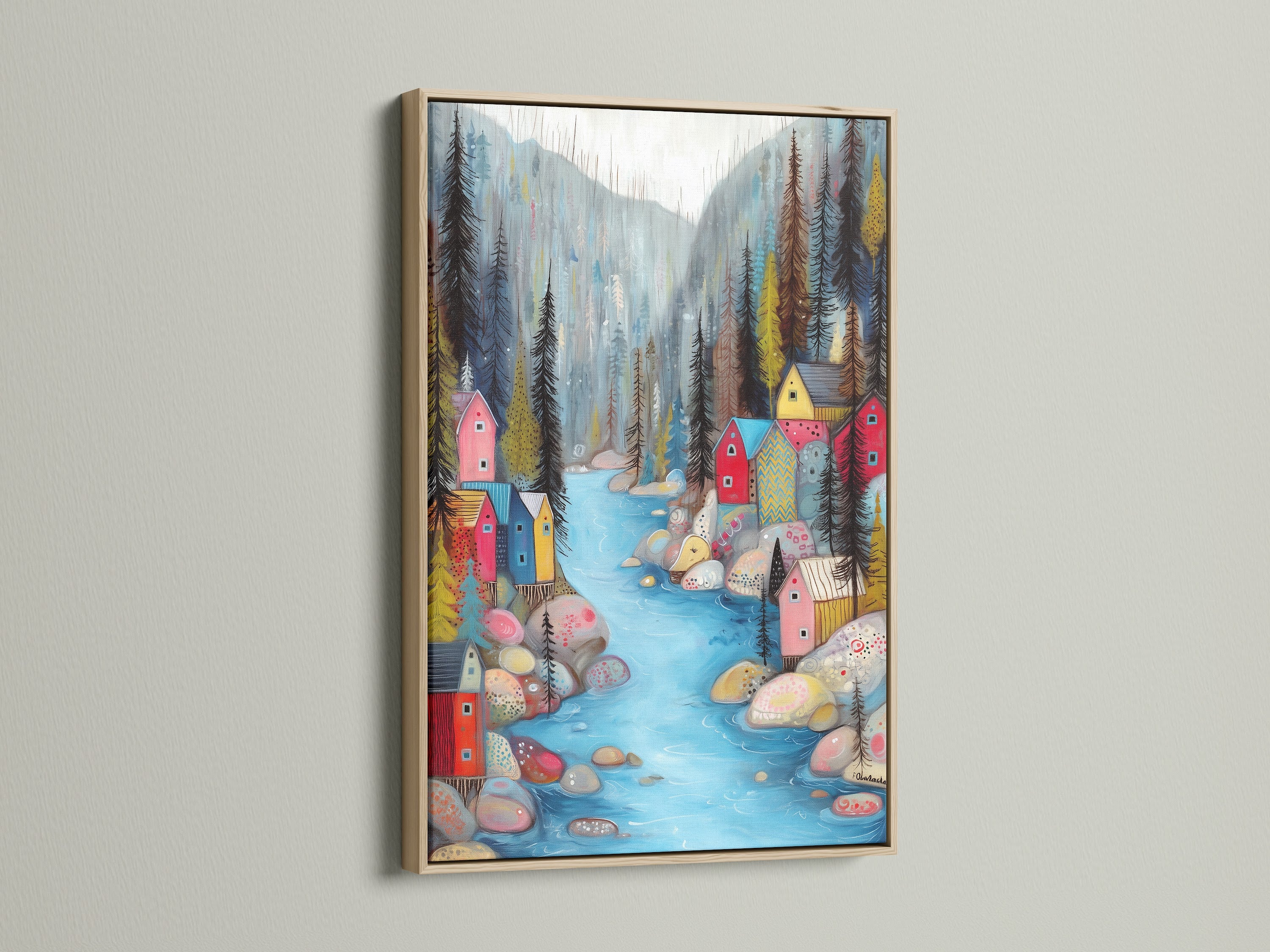Village River canvas print in an oak frame. The colorful Scandinavian art adds a playful touch. It is perfect for home decor. The oak frame enhances the artwork's natural beauty. It brings warmth and character to any space. This piece is ideal for living rooms or bedrooms.