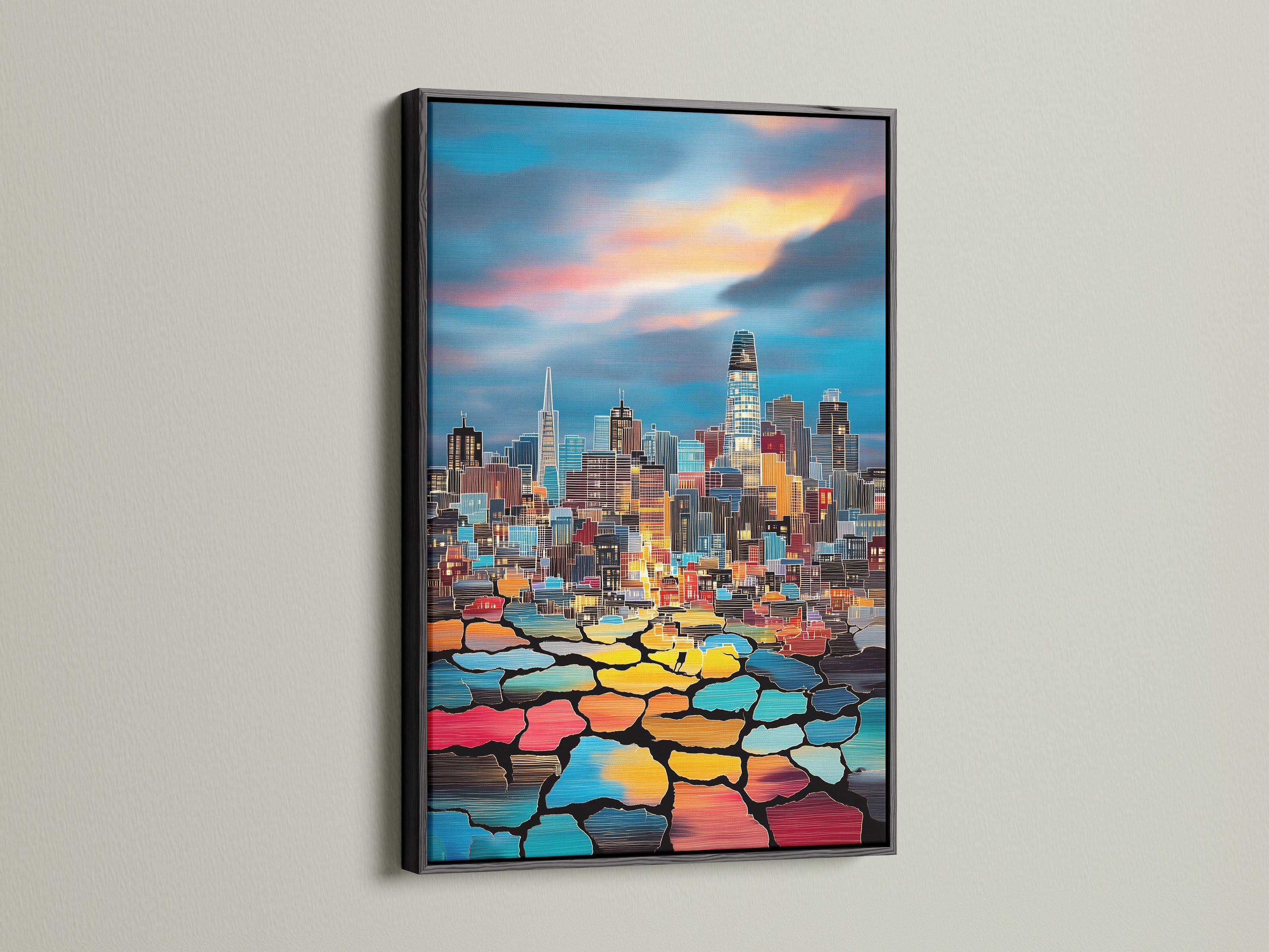 The cityscape artwork is powerfully framed in black. This black frame emphasizes the art's vivid details. It creates a striking focal point for any contemporary space or office setting.