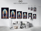 A size comparison chart displayed in a stylish interior. See how the cathedral print fits various spaces. Plan your perfect gothic wall art arrangement. Visualize the impact of architecture art in your home. Choose the ideal size for your autumn landscape masterpiece. Transform your space today.