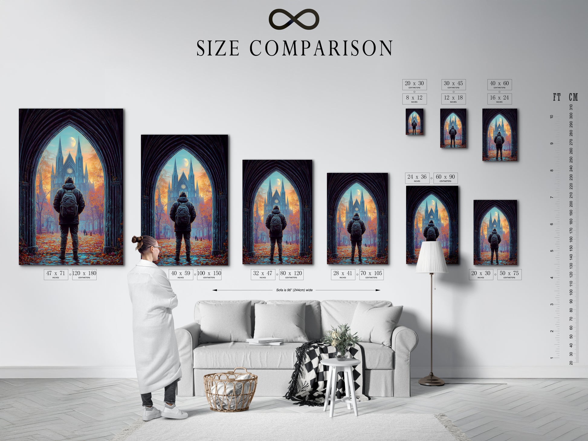A size comparison chart displayed in a stylish interior. See how the cathedral print fits various spaces. Plan your perfect gothic wall art arrangement. Visualize the impact of architecture art in your home. Choose the ideal size for your autumn landscape masterpiece. Transform your space today.