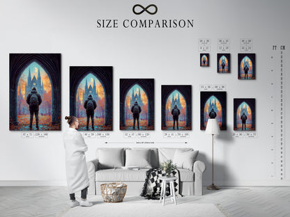A size comparison chart displayed in a stylish interior. See how the cathedral print fits various spaces. Plan your perfect gothic wall art arrangement. Visualize the impact of architecture art in your home. Choose the ideal size for your autumn landscape masterpiece. Transform your space today.