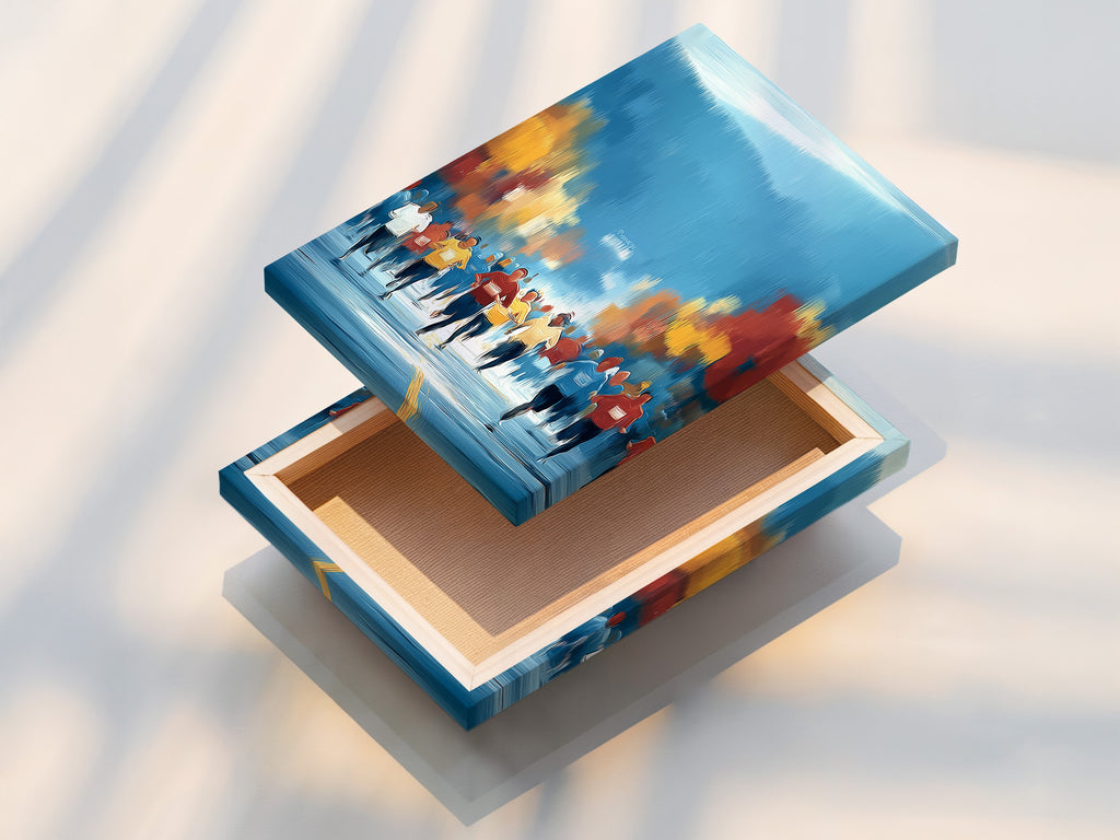 A stretched canvas print of the marathon runners artwork. This sports canvas art is ready to hang and adds a motivational touch to your space. Ideal for fitness wall decor in home gyms or offices. The artwork features a group of athletes in an autumn landscape.