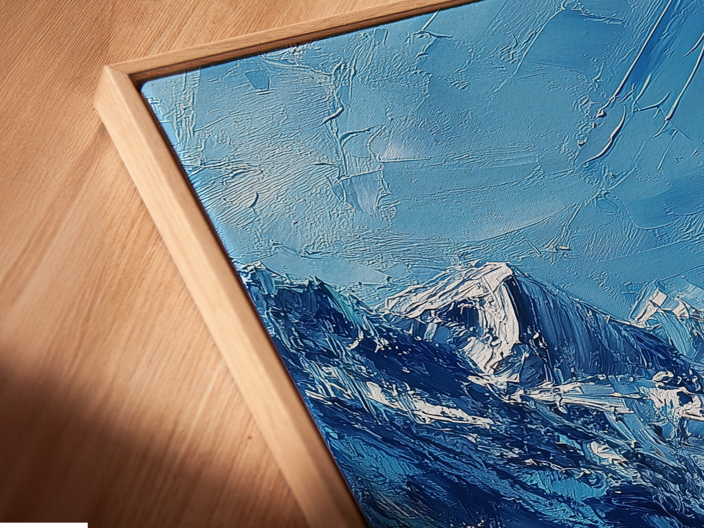 A close-up reveals the floating frame. This frame provides a unique and modern display. The artwork appears to float within the frame. The floating frame enhances the artwork's depth. View the art with a minimalist touch. This frame creates a sophisticated presentation.