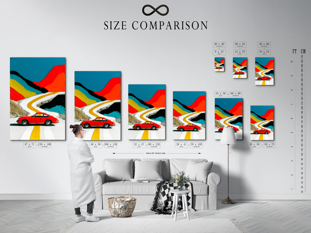 Size comparison chart in an interior setting. See how vintage car art fits in your space. Visualize retro car prints and sports car wall art. Perfect for studios and clinics now.