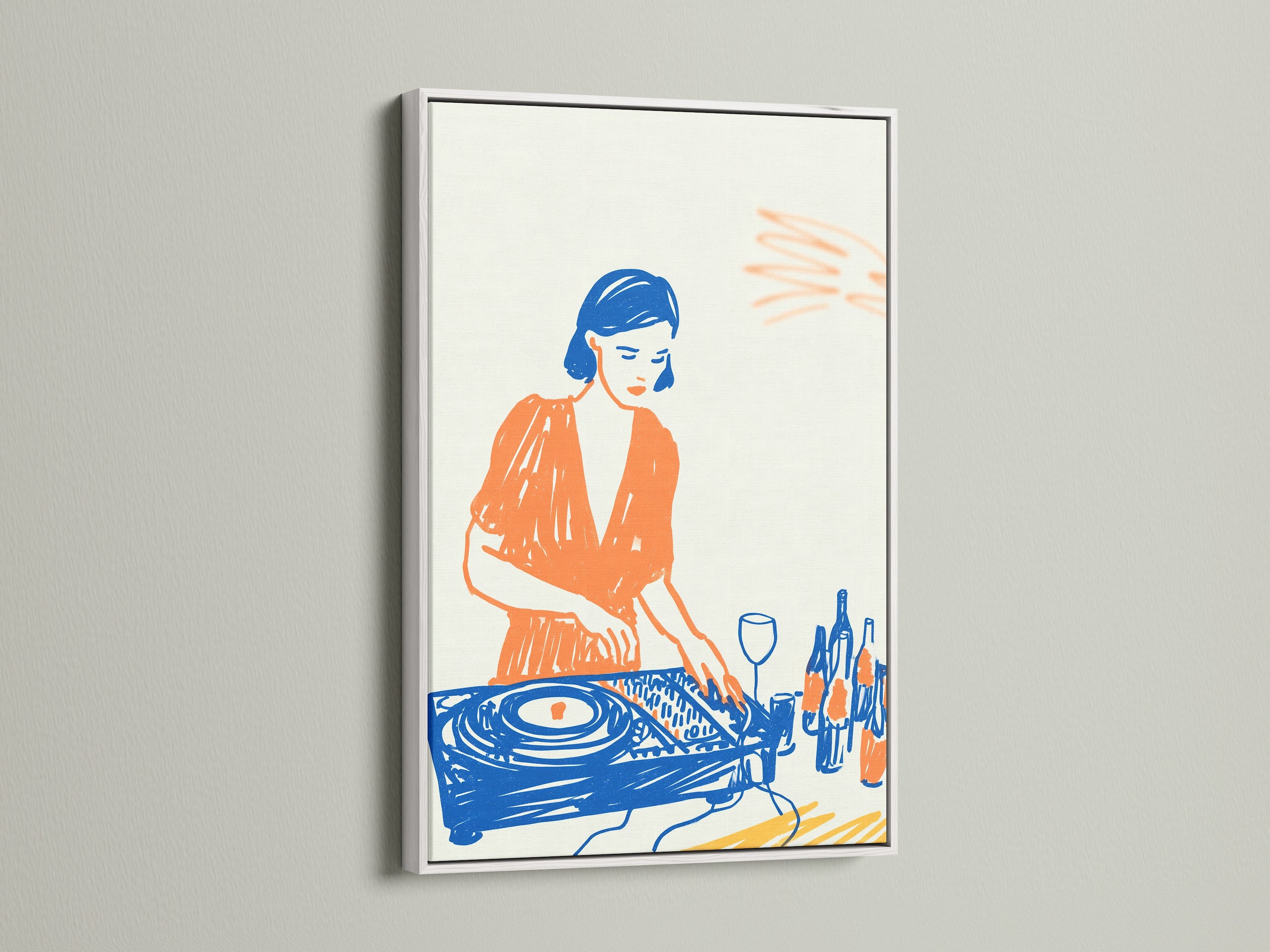 View the DJ Wall Art Print with a white frame. The white frame offers a clean modern look. See how it highlights the vibrant music turntable art. Ideal for minimalist wall art and contemporary spaces. A great choice for any music lover gift.