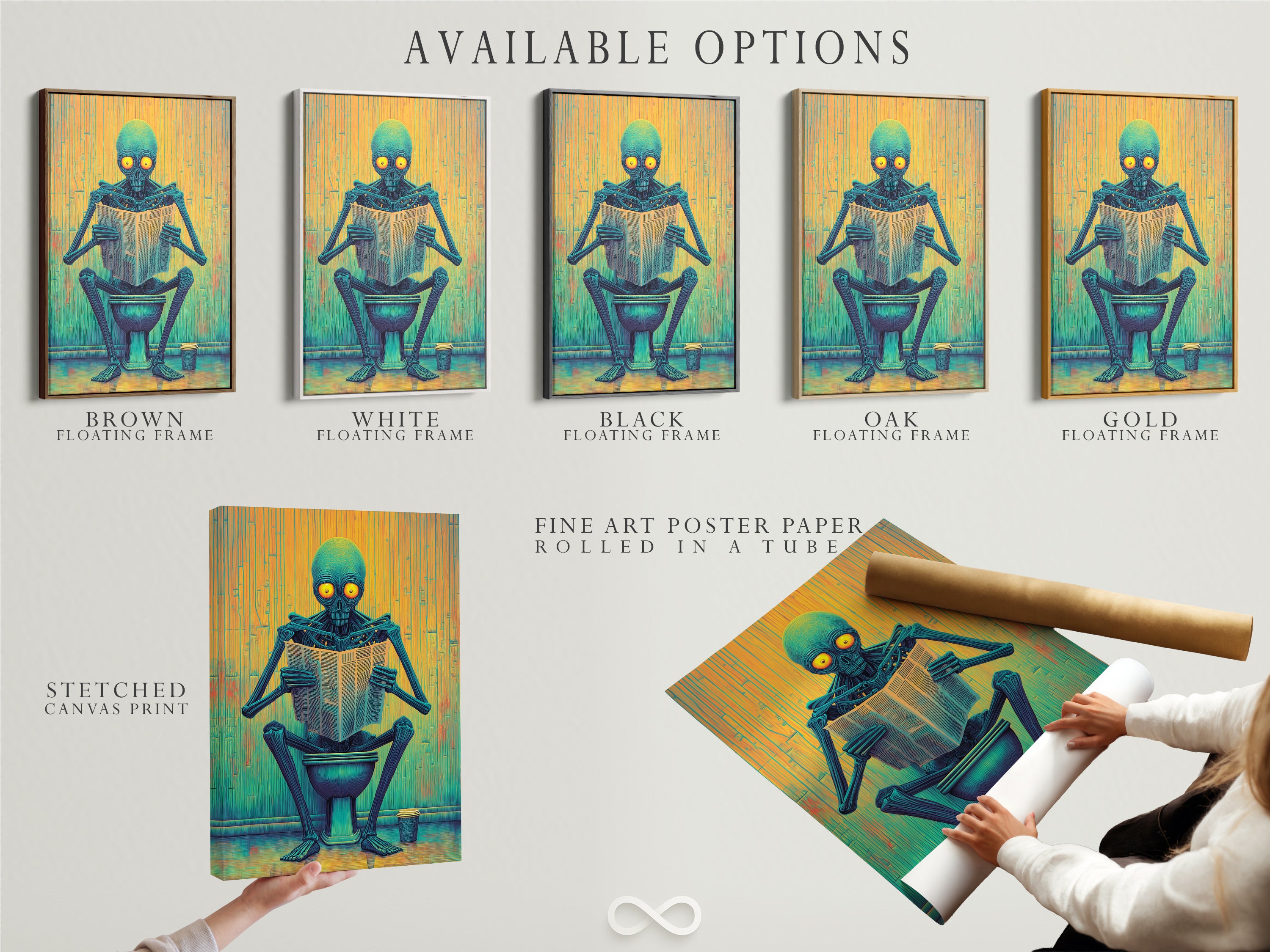 Explore the available options for Alien on Toilet art. Choose between stretched canvas prints. Consider fine art poster paper. Explore floating frames for a modern touch. Find the perfect fit for your restroom. This sci-fi novelty poster is unique.
