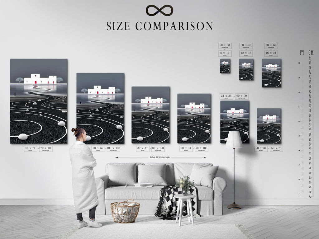 This is a size comparison chart displayed in an interior. It shows the various dimensions available for this abstract landscape. This helps visualize the perfect fit for your zen wall decor or modern canvas art.
