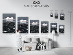 This is a size comparison chart displayed in an interior. It shows the various dimensions available for this abstract landscape. This helps visualize the perfect fit for your zen wall decor or modern canvas art.