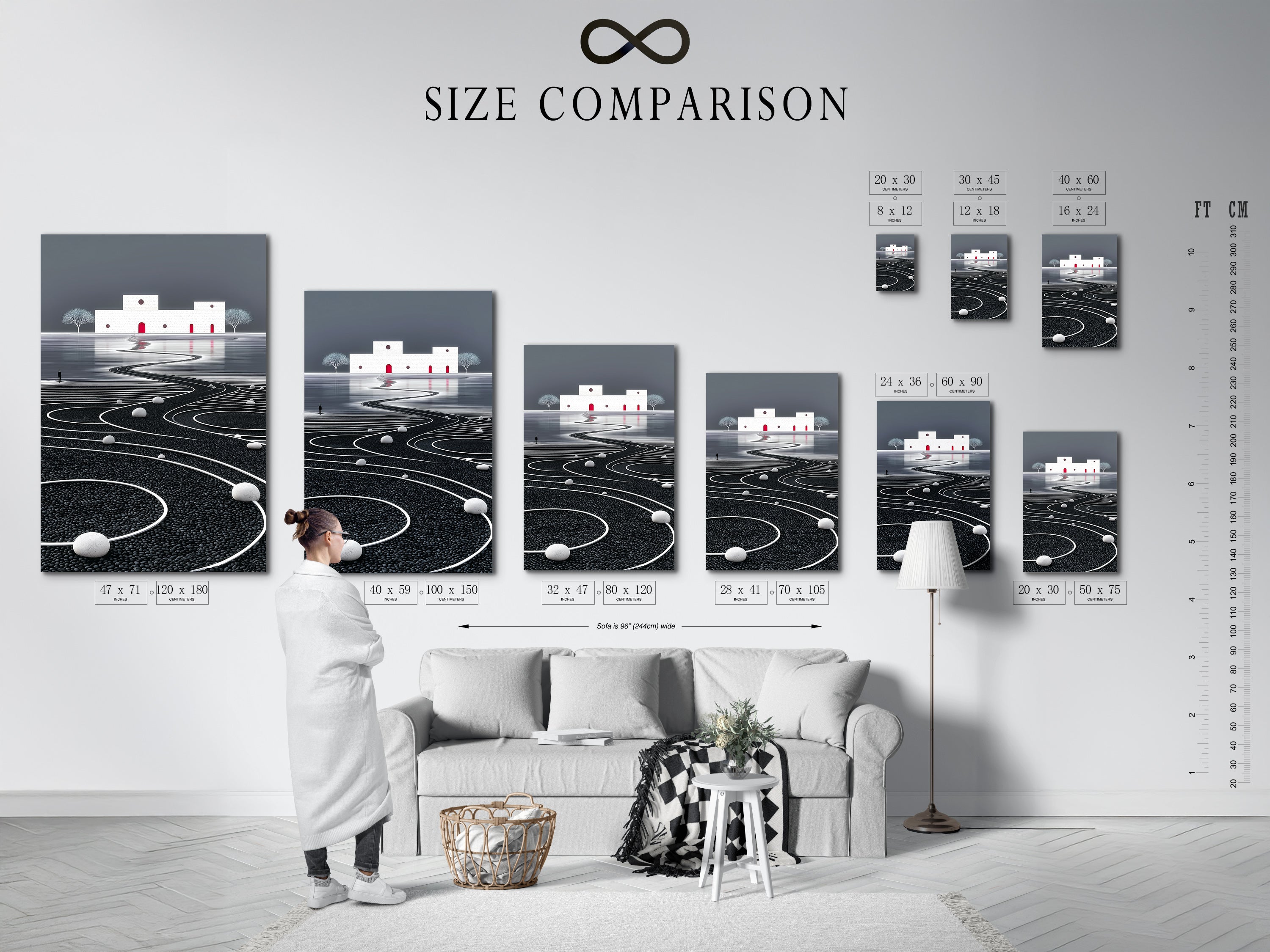 This is a size comparison chart displayed in an interior. It shows the various dimensions available for this abstract landscape. This helps visualize the perfect fit for your zen wall decor or modern canvas art.