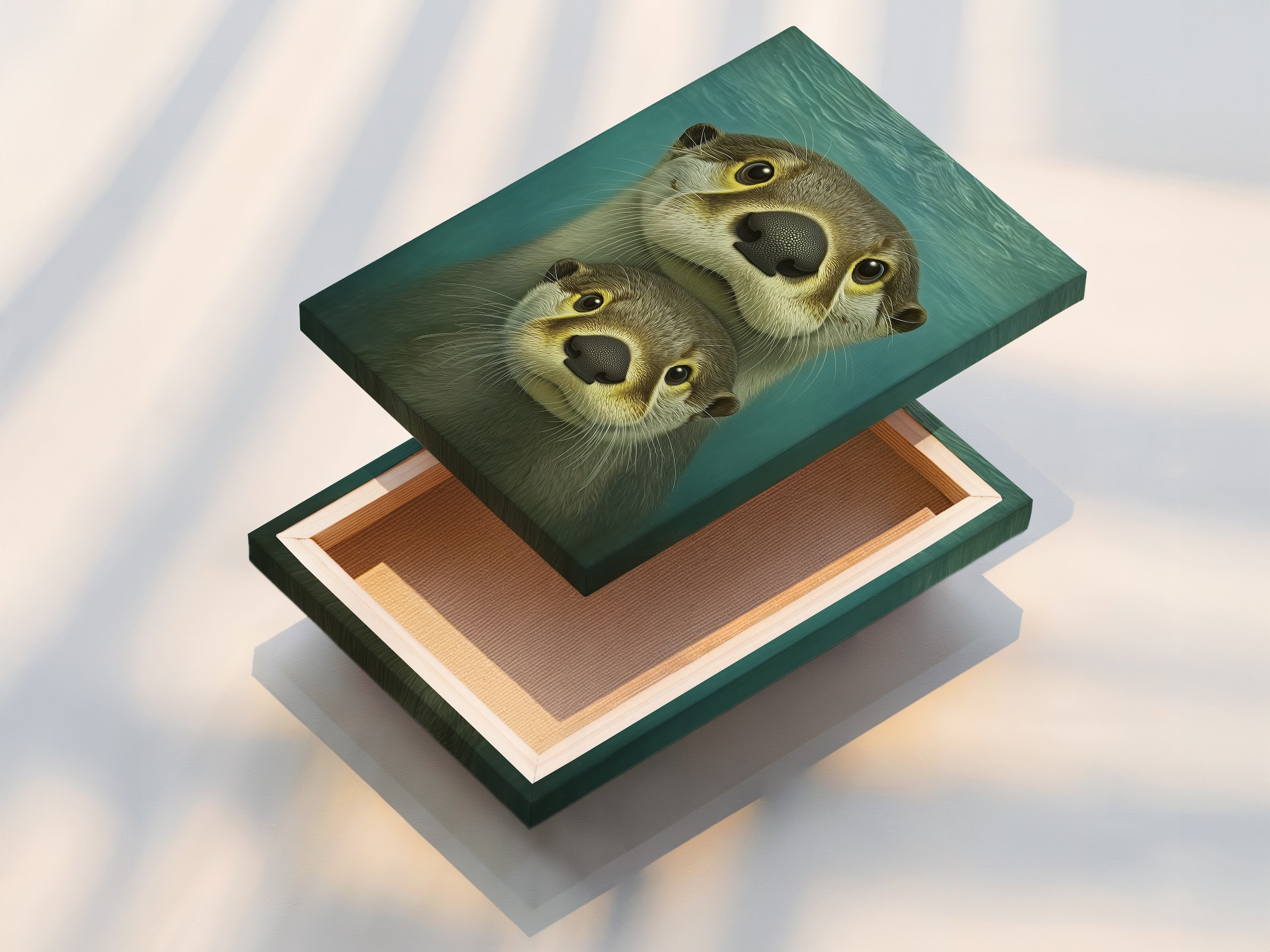 A stretched canvas print displays the endearing otter family artwork. This piece is ready to hang adding a touch of coastal charm to any room. Perfect for nursery art or kids wall art the teal blue hues complement any decor. The animal canvas is vibrant and captivating.