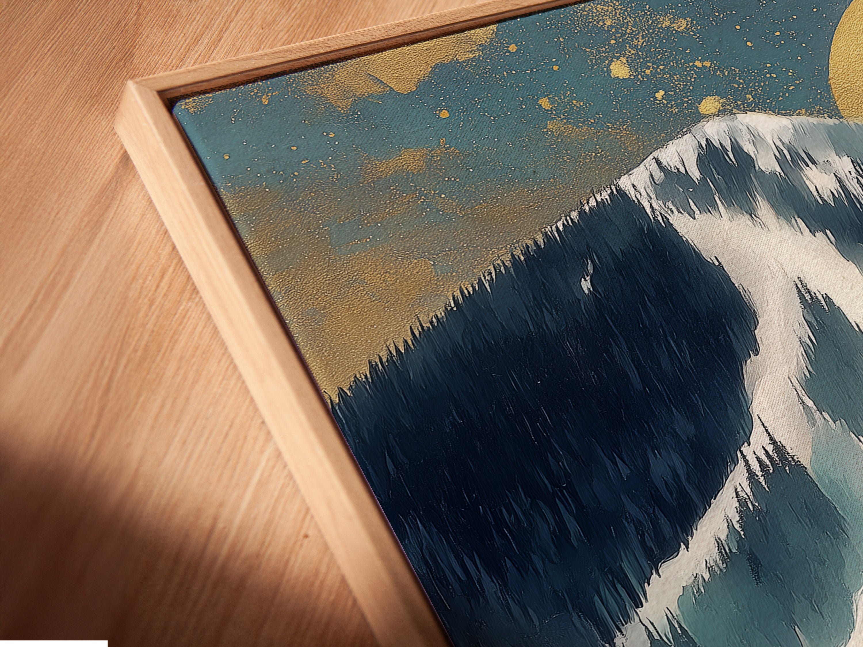 A close-up angled view shows a canvas print in a floating frame. This stylish presentation enhances the modern mountain ski resort artwork. The fine art piece adds a touch of elegance to any space.