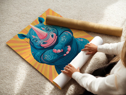 A woman carefully rolls a fine art poster paper. She is preserving the quality of the rhino artwork. This ensures it arrives in perfect condition for framing. Fine art posters offer a versatile option. Perfect for creating custom wall displays.