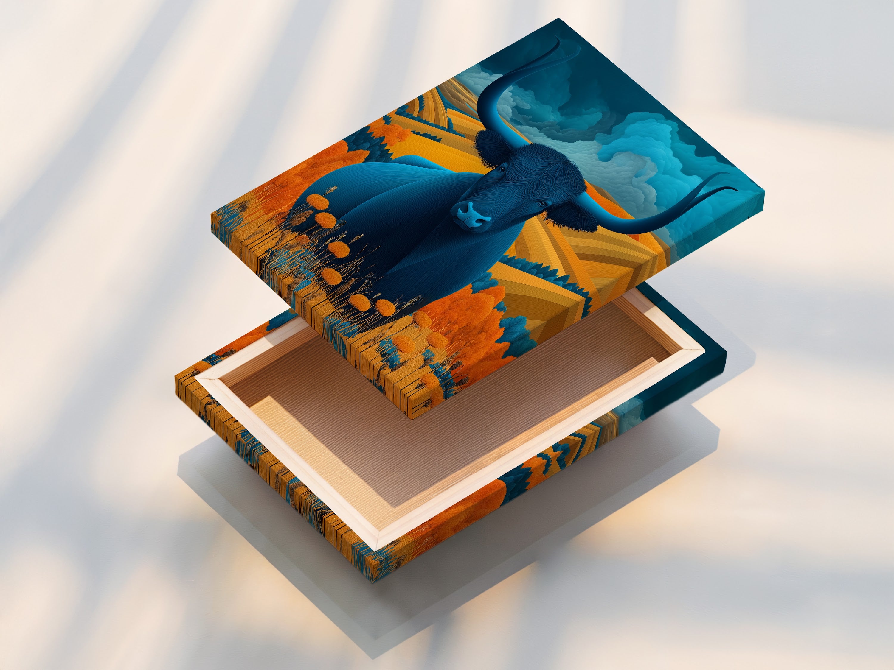 A stretched canvas print of the Majestic Bull artwork is showcased. The texture and depth of the canvas enhance the artwork's visual appeal. This teal and amber piece adds a modern touch to any room. It is ideal for creating a focal point.