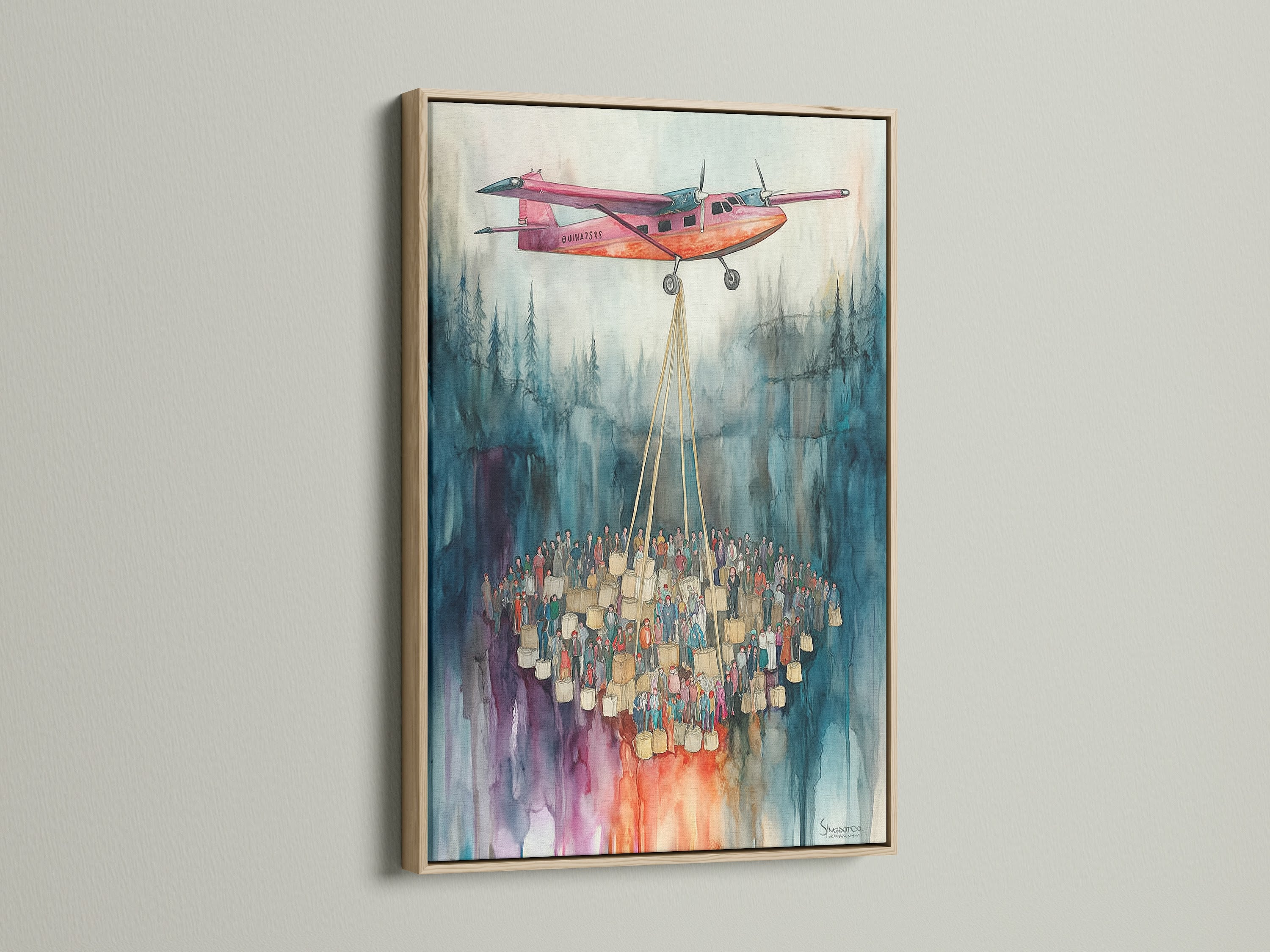 A framed watercolor airplane artwork hangs on a wall. The artwork is framed in an oak frame. The artwork features a pink airplane and a crowd of people. This aviation canvas is perfect for modern spaces.  It adds a touch of artistic charm.