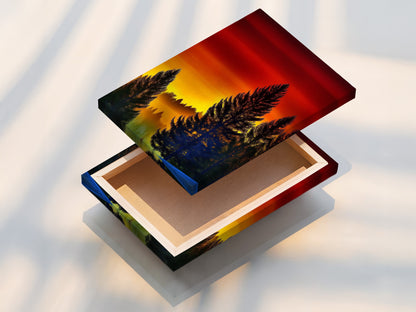 A stretched canvas print of a forest sunset artwork. The warm tones and pine tree art create a cozy atmosphere. Perfect for adding a touch of nature to living rooms bedrooms or cabins. The stretched canvas ensures a gallery-quality display. Enhance your home with this rustic landscape print.