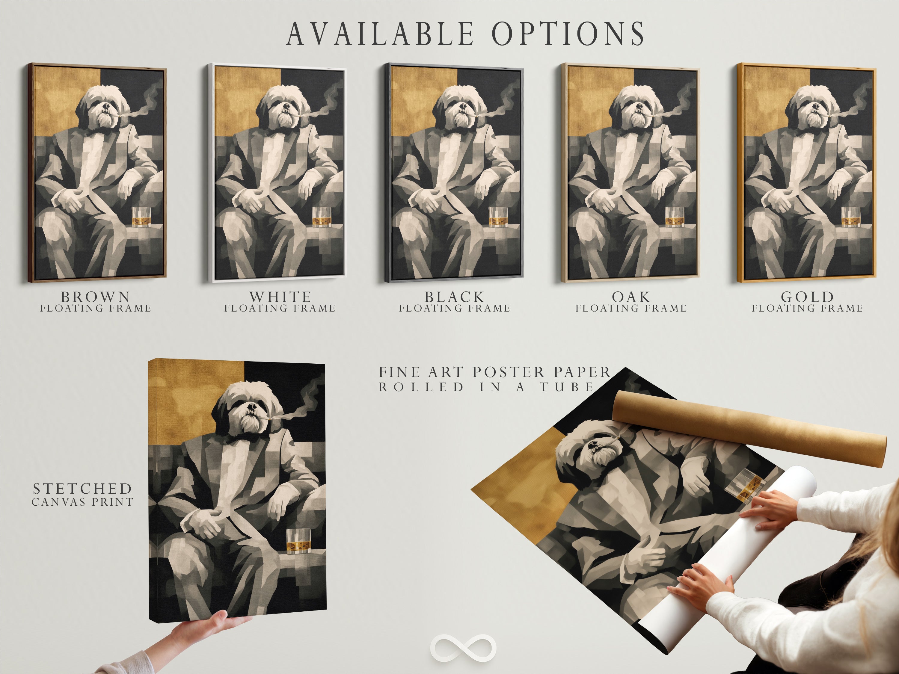 Available options for the Dog Smoking Art Print. Choose between stretched canvas print fine art poster paper or a floating frame. This Shih Tzu art elevates your decor. The gentleman pet portrait is a unique gift. Discover humorous art.