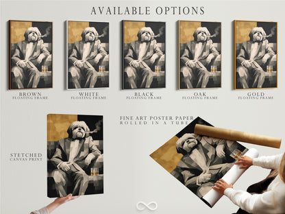 Available options for the Dog Smoking Art Print. Choose between stretched canvas print fine art poster paper or a floating frame. This Shih Tzu art elevates your decor. The gentleman pet portrait is a unique gift. Discover humorous art.