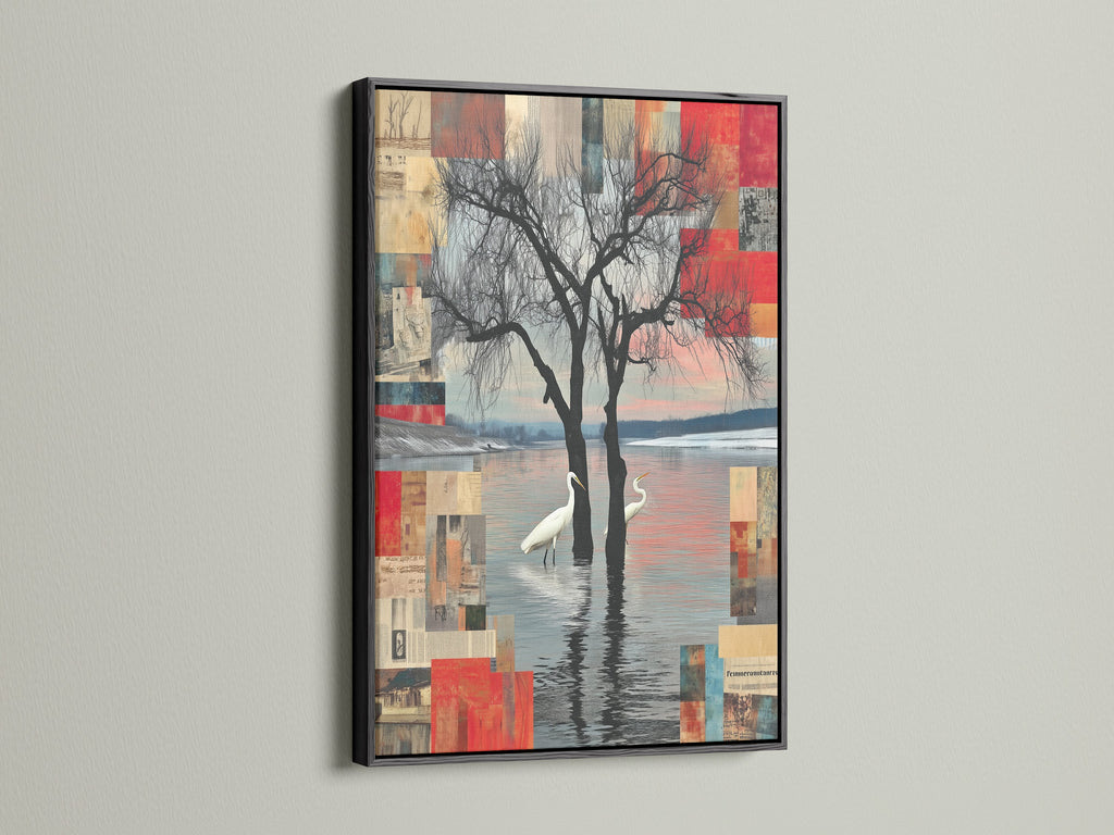 Crane Bird Abstract Lake Canvas with a black frame. This modern nature artwork offers a striking contrast. The black frame highlights the vibrant colors and intricate details. Enhance your office or living room wall art with this piece.