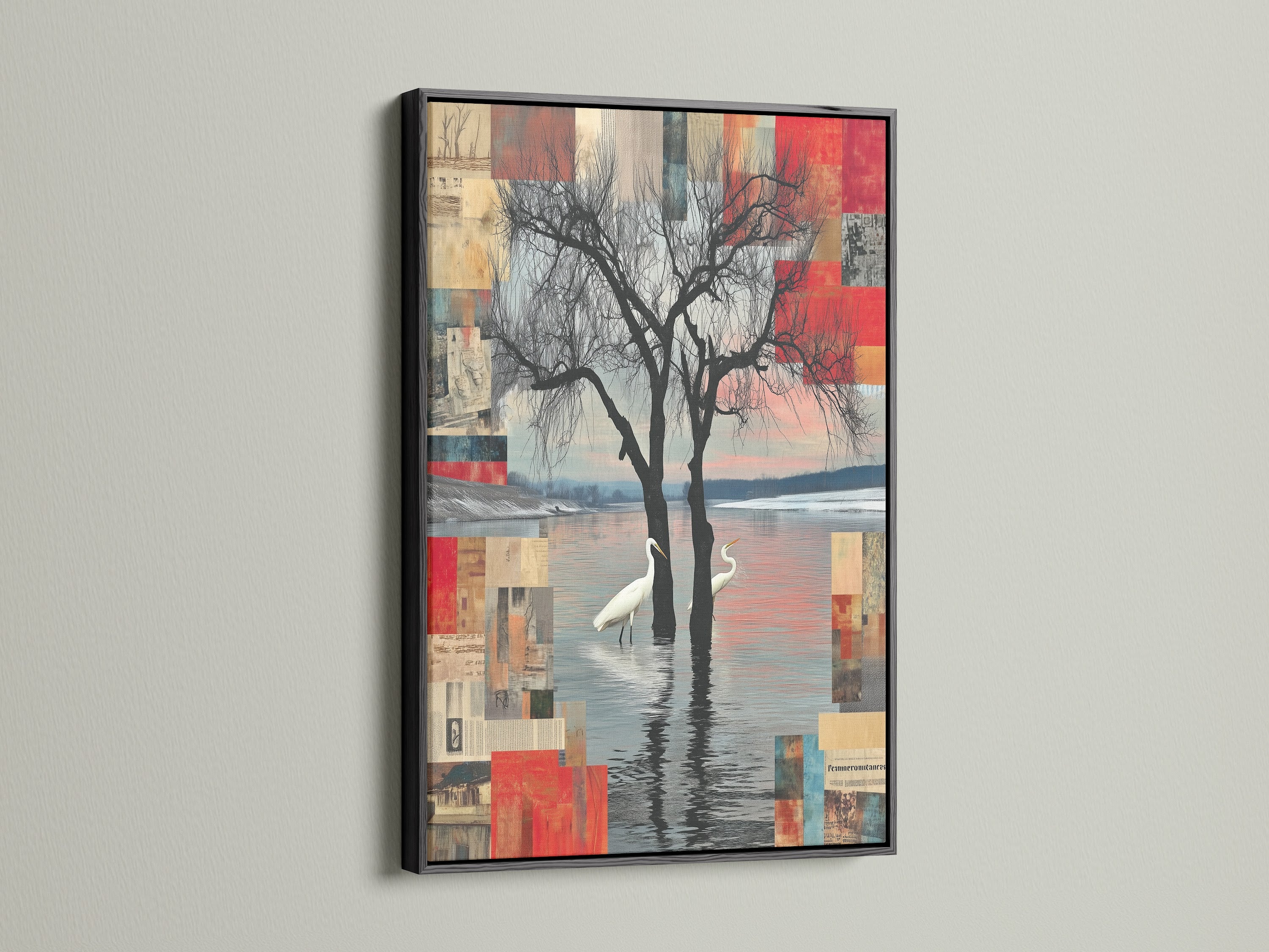 Crane Bird Abstract Lake Canvas with a black frame. This modern nature artwork offers a striking contrast. The black frame highlights the vibrant colors and intricate details. Enhance your office or living room wall art with this piece.