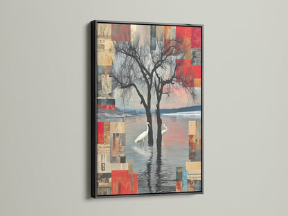 Crane Bird Abstract Lake Canvas with a black frame. This modern nature artwork offers a striking contrast. The black frame highlights the vibrant colors and intricate details. Enhance your office or living room wall art with this piece.