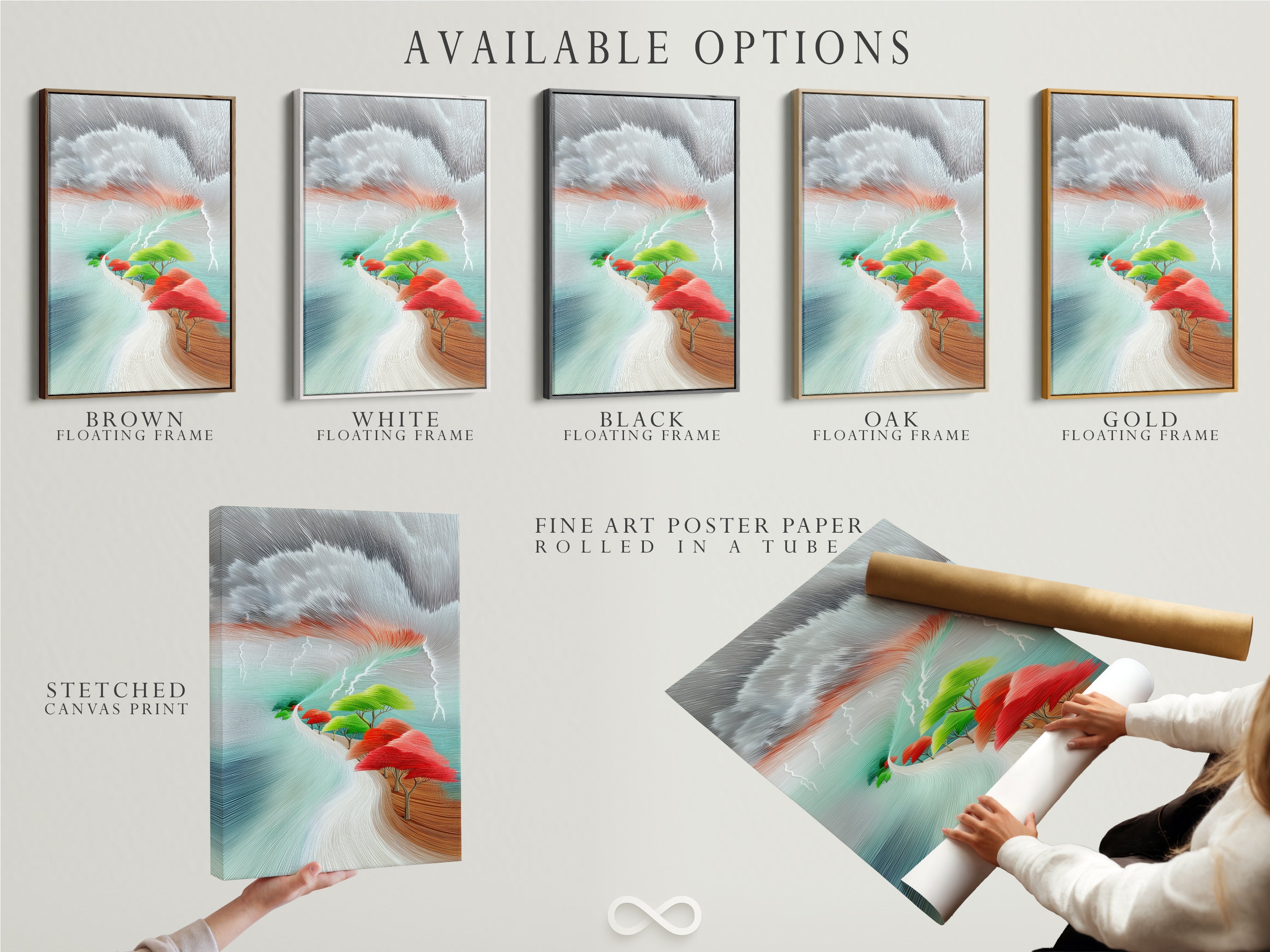Available options are presented including a stretched canvas print fine art poster paper and floating frame. Choose the perfect format for your abstract landscape artwork. Elevate your space with modern colorful tree art.