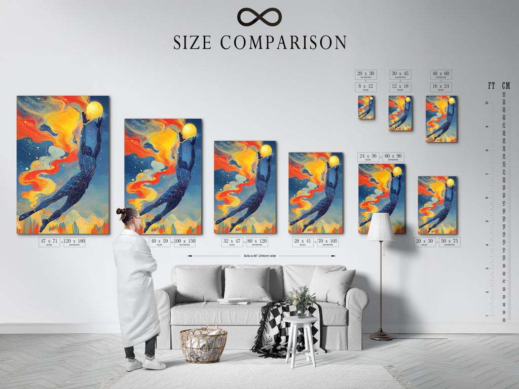 A size comparison chart displayed in an interior setting. This chart helps you visualize the perfect dimensions for your whale art print. Choose the ideal size to complement your space whether it be geometric ocean wall art or marine life canvas.