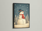 The black frame enhances the vintage Christmas artwork. This winter canvas print adds a rustic holiday decor. It's a great choice for farmhouse Christmas decorating. Snowman art brings winter home decor.