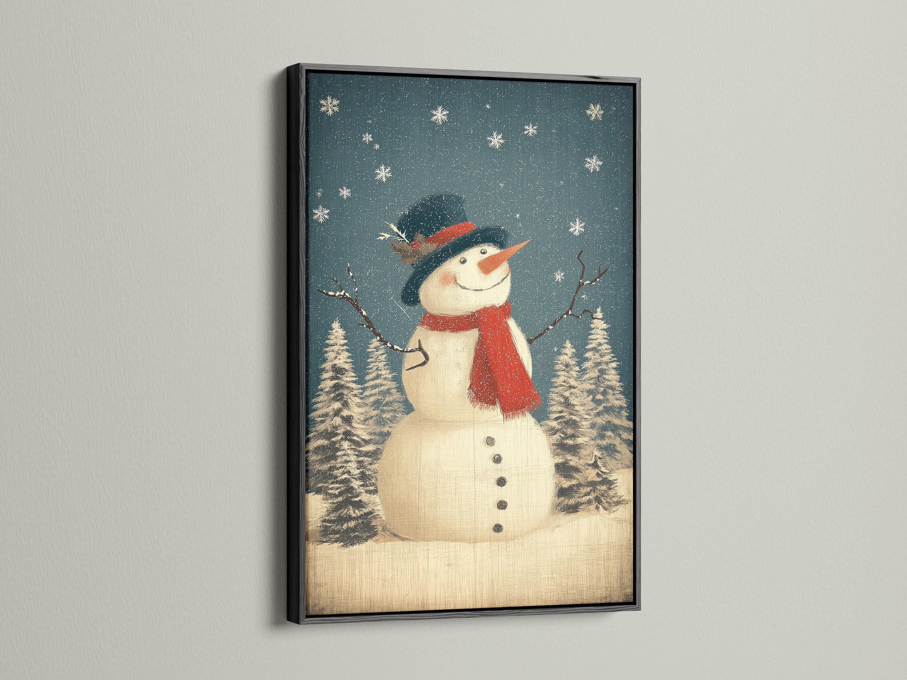 The black frame enhances the vintage Christmas artwork. This winter canvas print adds a rustic holiday decor. It's a great choice for farmhouse Christmas decorating. Snowman art brings winter home decor.