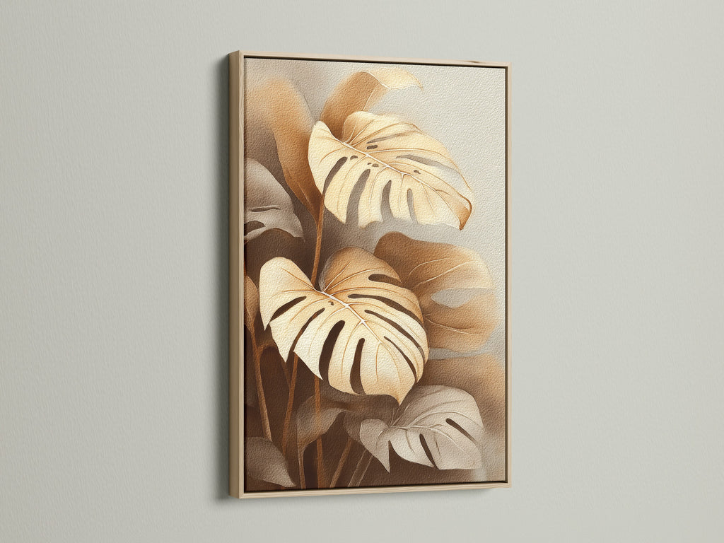Monstera plant artwork displayed in an oak frame. This tropical wall art brings a natural element indoors. The neutral plant art suits various interior styles. Its earthy tones enhance bedroom wall decor. It's ideal for minimalist and Scandinavian designs.