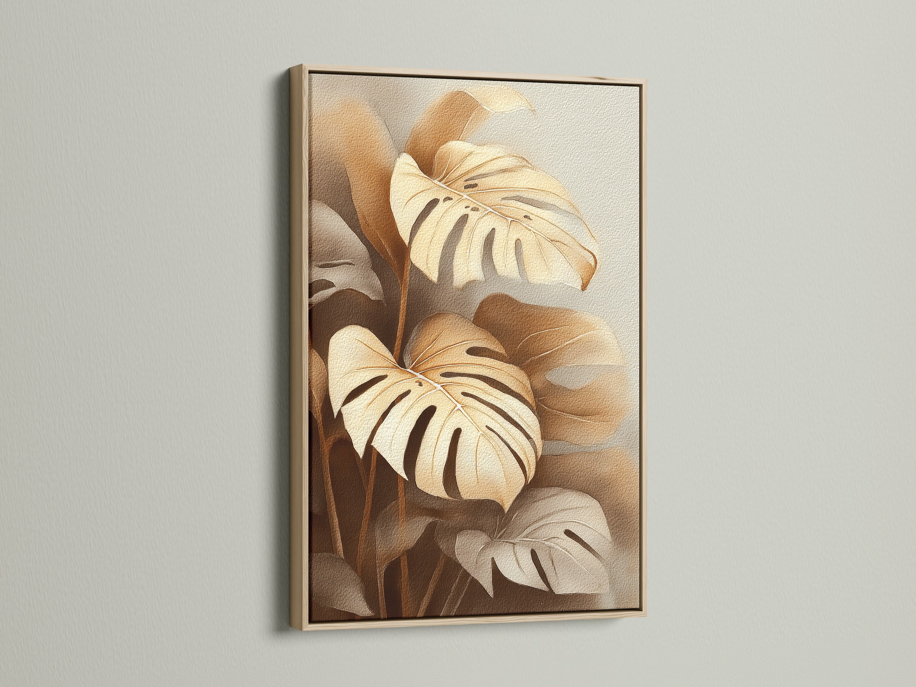 Monstera plant artwork displayed in an oak frame. This tropical wall art brings a natural element indoors. The neutral plant art suits various interior styles. Its earthy tones enhance bedroom wall decor. It's ideal for minimalist and Scandinavian designs.