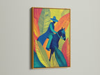 Gold frame highlighting this equestrian artwork. The tropical leaves artwork is a vibrant focal point. This cowboy art is a modern twist. It is perfect for home office decor and more.