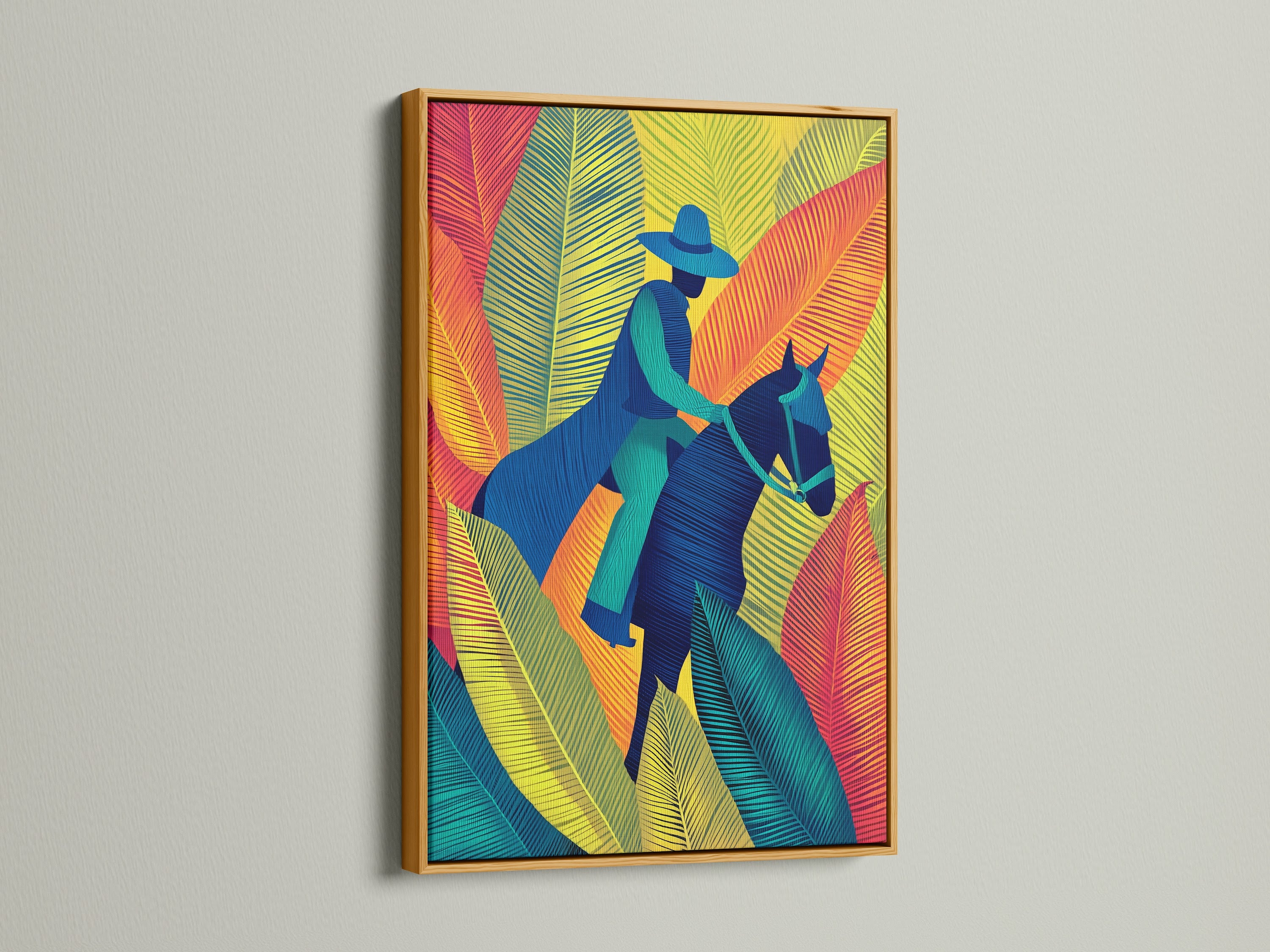 Gold frame highlighting this equestrian artwork. The tropical leaves artwork is a vibrant focal point. This cowboy art is a modern twist. It is perfect for home office decor and more.
