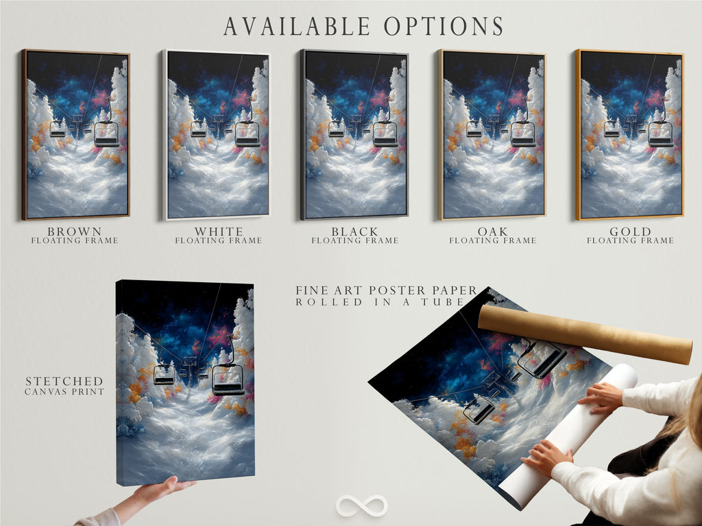 Explore the available options for this ski lift art. Choose from a stretched canvas print fine art poster paper or floating frame. Customize the artwork to suit your unique style. Find the perfect piece for your home or business.