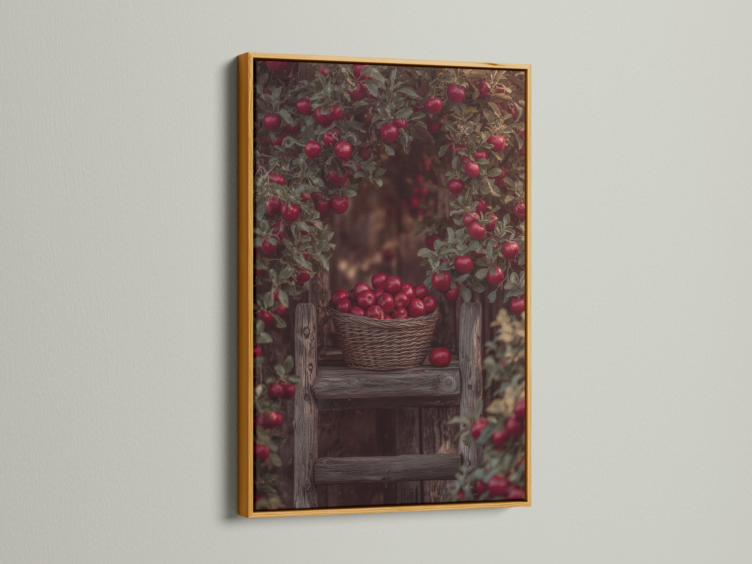 Apple Orchard artwork in a gold frame. This elegant frame enhances the rustic farmhouse charm. The gold accents bring a touch of luxury to the vintage fruit art. Perfect for a country-style kitchen.