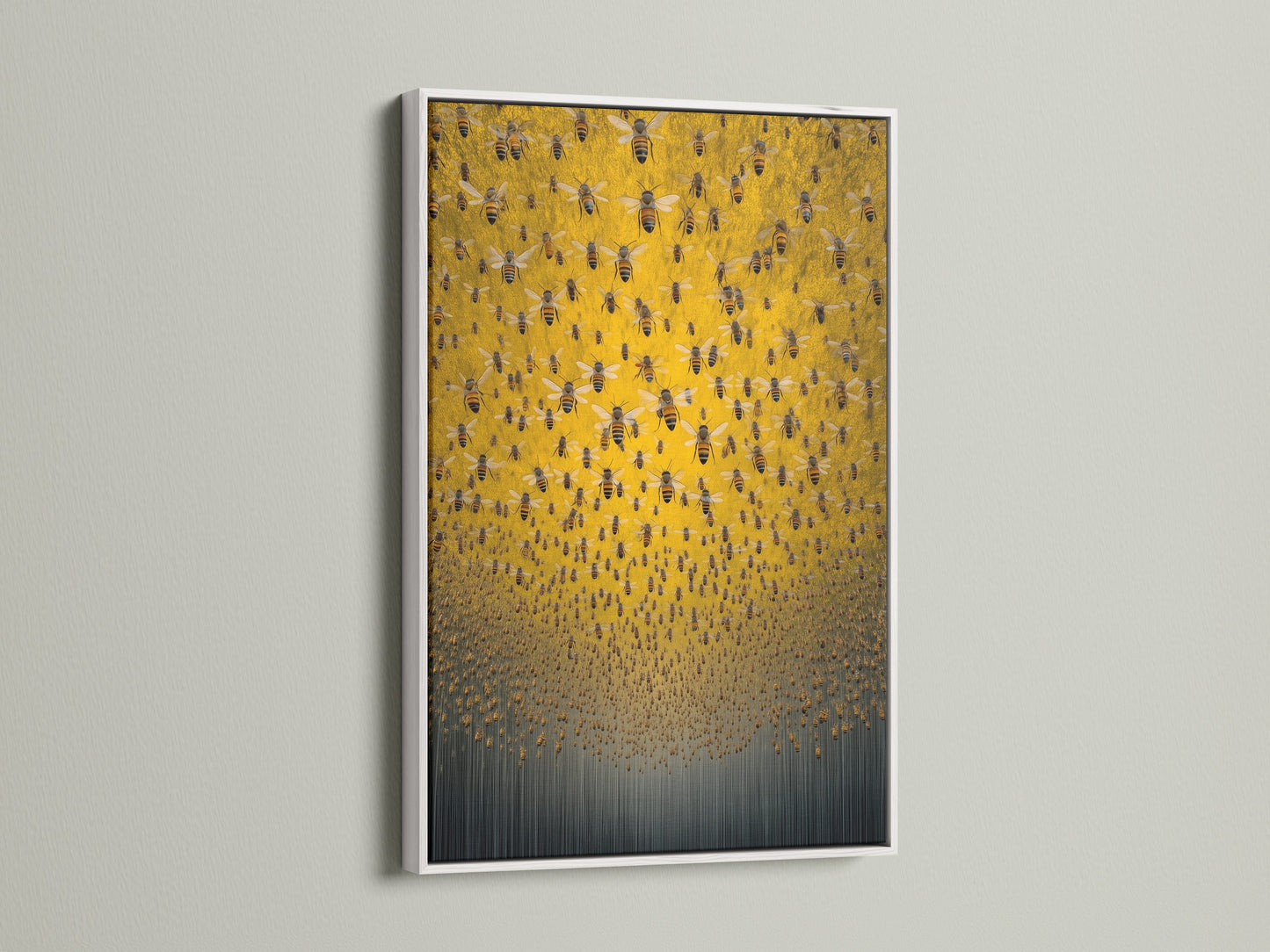 See the Honey Bee canvas art in a white frame. This sleek frame adds a modern touch to the honeycomb print. Ideal for bright minimalist spaces. Elevate your office wall art or bedroom wall decor with this contemporary piece. It fits coastal and Scandinavian styles.