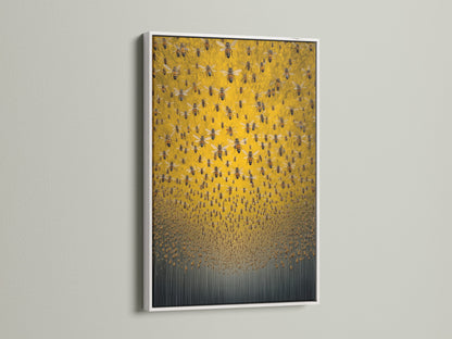 See the Honey Bee canvas art in a white frame. This sleek frame adds a modern touch to the honeycomb print. Ideal for bright minimalist spaces. Elevate your office wall art or bedroom wall decor with this contemporary piece. It fits coastal and Scandinavian styles.
