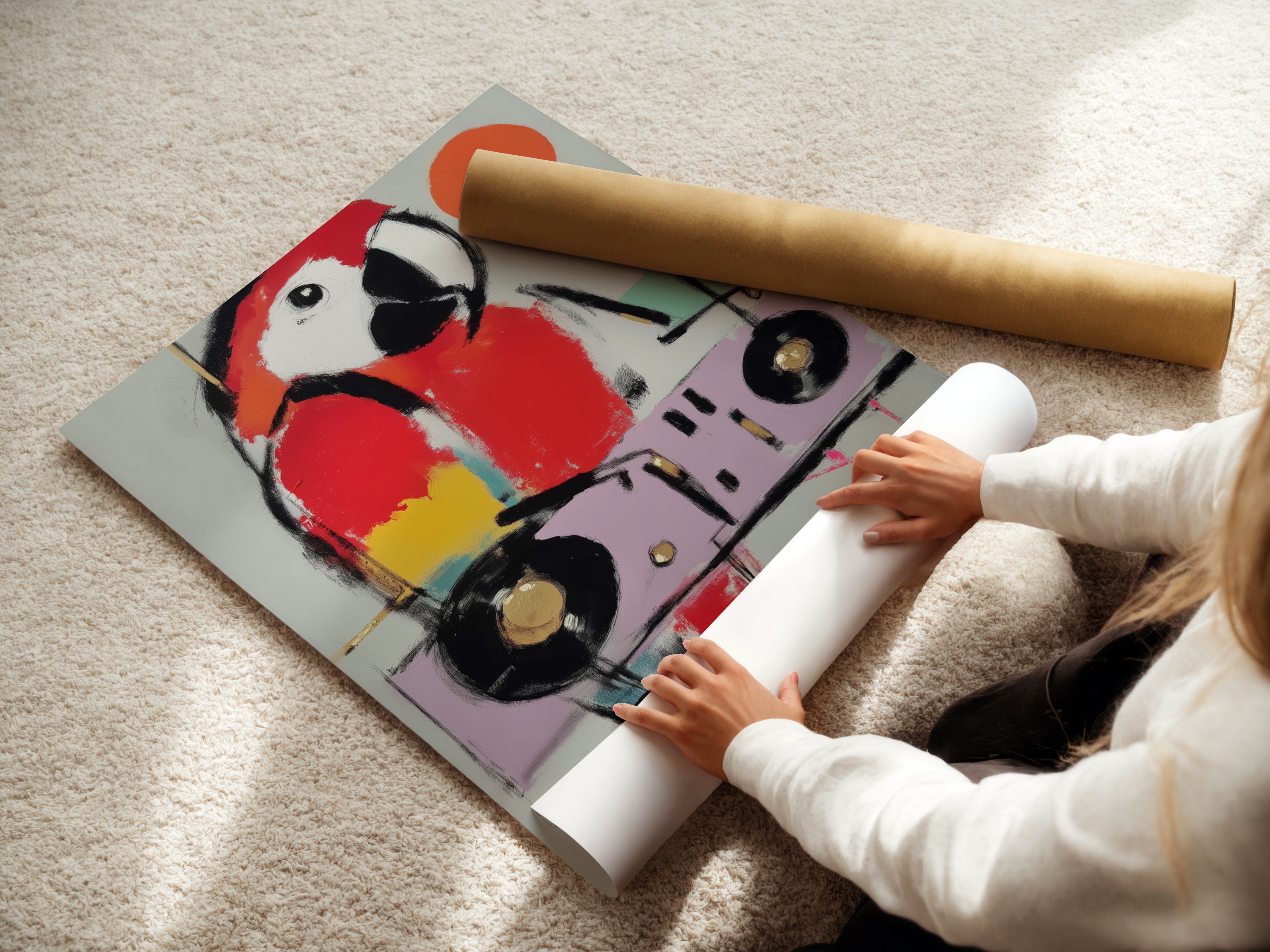 A woman is carefully rolling a fine art poster paper. Preparing it for framing or display. The high-quality paper ensures a vibrant and lasting print. This is the perfect choice for showcasing your favorite artwork. Ideal for modern parrot artwork or any contemporary artwork.