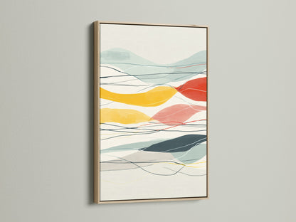 Abstract Mountain artwork in an oak frame. The artwork features a colorful landscape. This modern geometric art is perfect for office decor. It will enhance any living room or bedroom. This artwork will complement minimalist and Scandinavian aesthetics. Primary color is yellow.