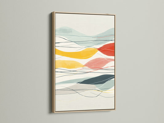 Abstract Mountain artwork in an oak frame. The artwork features a colorful landscape. This modern geometric art is perfect for office decor. It will enhance any living room or bedroom. This artwork will complement minimalist and Scandinavian aesthetics. Primary color is yellow.