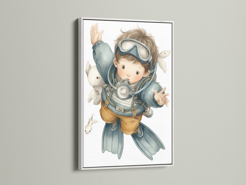 A vibrant scuba diver art print pops in a clean white frame. This artwork is ideal for a nursery. It enhances kids room decor with an underwater theme. This print is perfect for creating an adventure nursery. The white frame adds a fresh touch to this ocean explorer art.