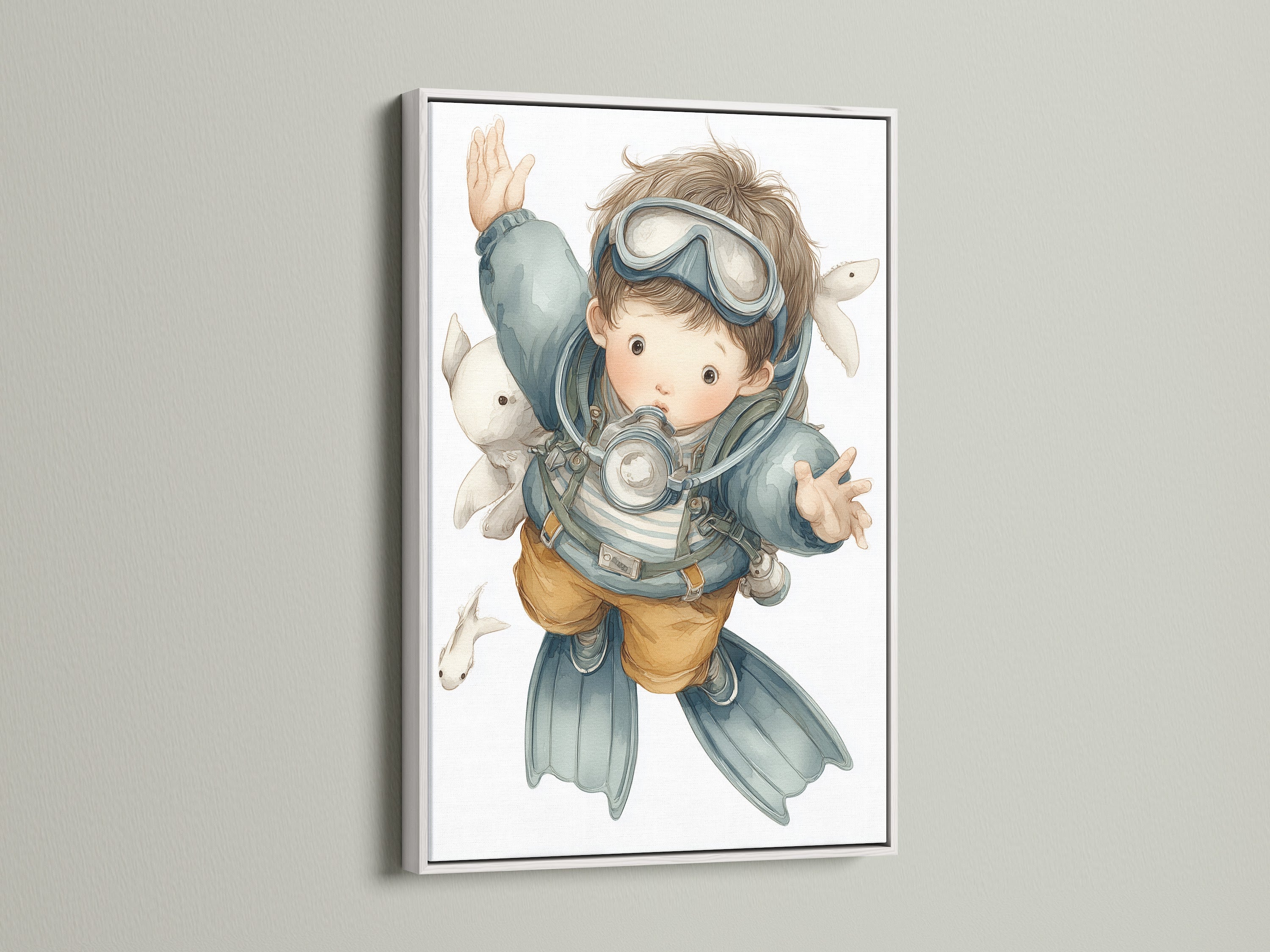 A vibrant scuba diver art print pops in a clean white frame. This artwork is ideal for a nursery. It enhances kids room decor with an underwater theme. This print is perfect for creating an adventure nursery. The white frame adds a fresh touch to this ocean explorer art.