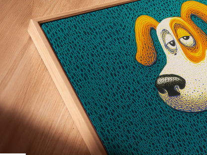 Close-up of the 'Dog on Toilet' canvas print in a floating frame. This modern art piece is perfect for eclectic styles. The artwork is ideal for bathroom wall art. The floating frame enhances the artwork appeal.