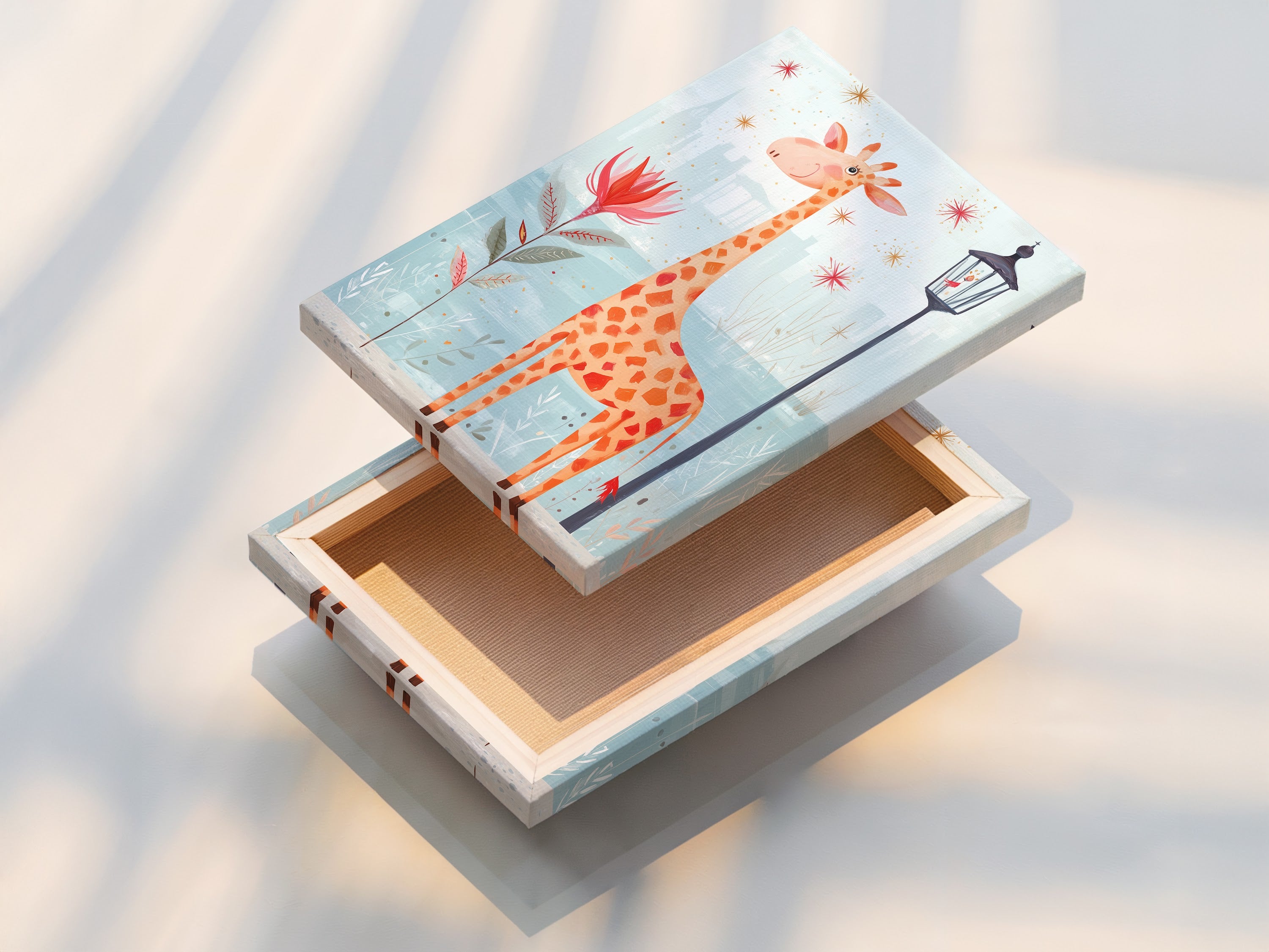 A stretched canvas print features a sweet giraffe artwork. The print is ready to hang in a nursery or playroom. Stretched canvas provides a clean and modern look for kids wall art. Find the perfect piece now.