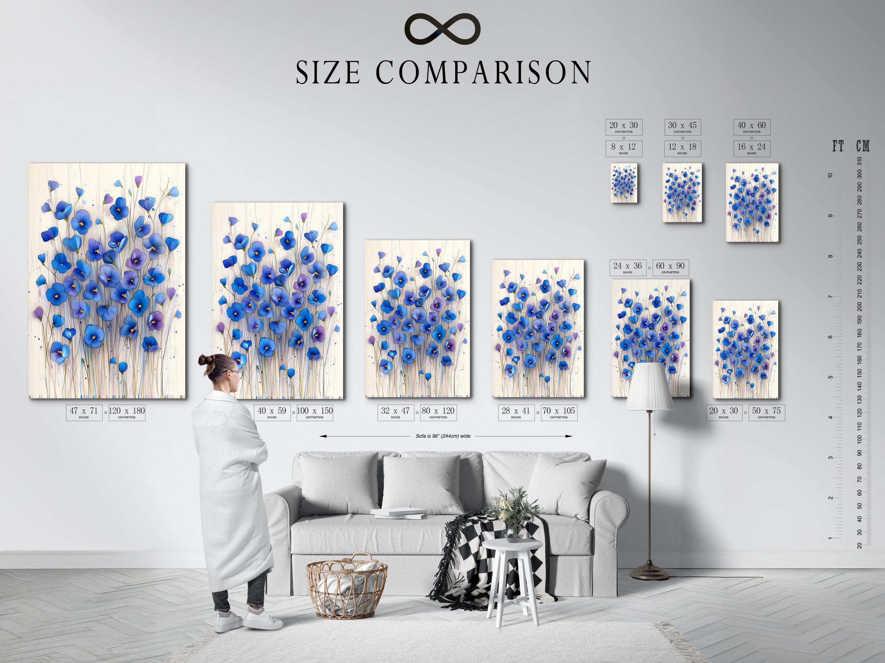 Size comparison chart in an interior setting. Visualize how this blue floral canvas fits into your space. Available in various sizes to suit your needs. Choose the perfect botanical art for your bedroom wall decor today.