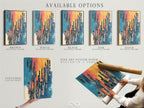 Available options for abstract figure artwork. Choose from stretched canvas prints fine art poster paper or floating frames. Modern musical art to suit your style. Teal blue and orange artwork for any space. Elevate your studio decor with these versatile options. Find the perfect format for your inspiring artwork today.